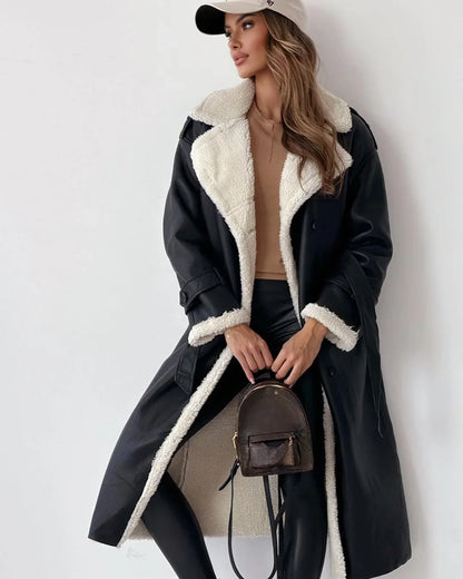 Cozy Trench Coat for Women with Notched Lapel Long Sleeve Double Breasted Faux Fur Lined Warm Style