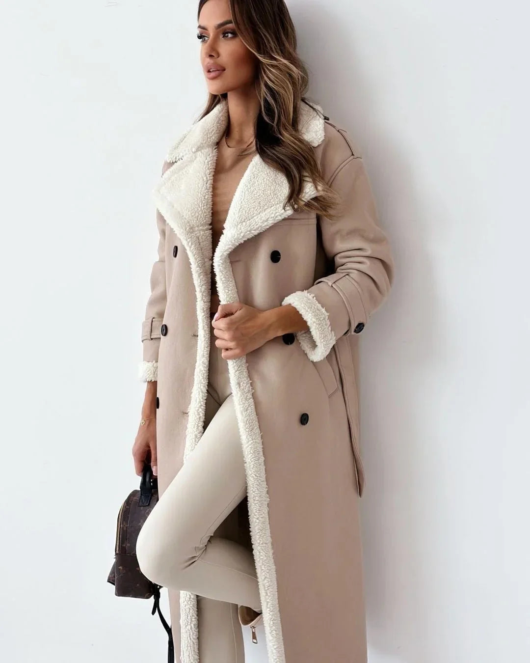 Cozy Trench Coat for Women with Notched Lapel Long Sleeve Double Breasted Faux Fur Lined Warm Style