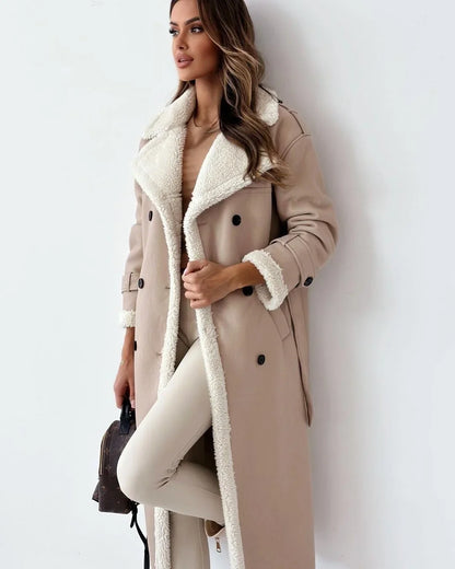 Cozy Trench Coat for Women with Notched Lapel Long Sleeve Double Breasted Faux Fur Lined Warm Style