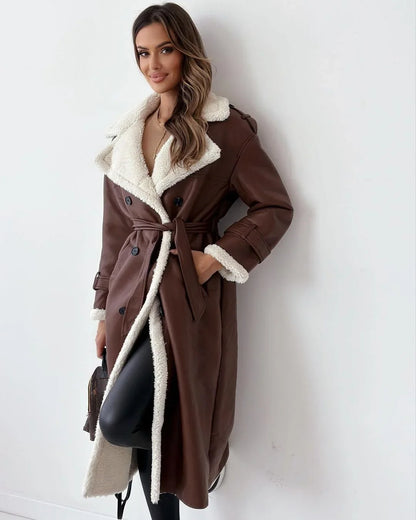 Cozy Trench Coat for Women with Notched Lapel Long Sleeve Double Breasted Faux Fur Lined Warm Style