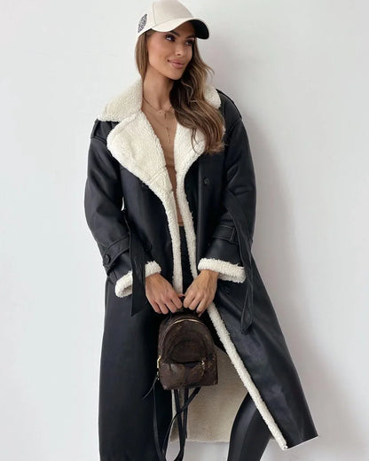 Cozy Trench Coat for Women with Notched Lapel Long Sleeve Double Breasted Faux Fur Lined Warm Style