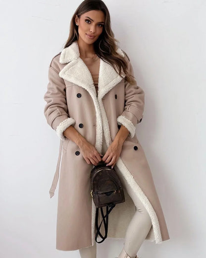 Cozy Trench Coat for Women with Notched Lapel Long Sleeve Double Breasted Faux Fur Lined Warm Style