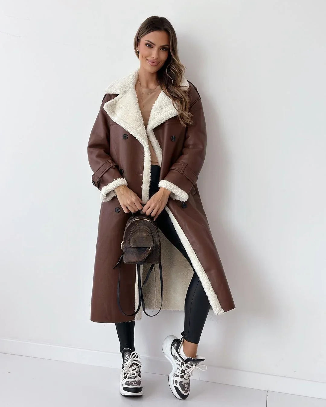 Cozy Trench Coat for Women with Notched Lapel Long Sleeve Double Breasted Faux Fur Lined Warm Style
