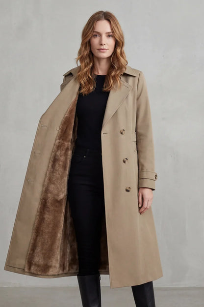 Cozy Trench Coat for Women with Notched Lapel Long Sleeve Double Breasted Faux Fur Lined Long Style