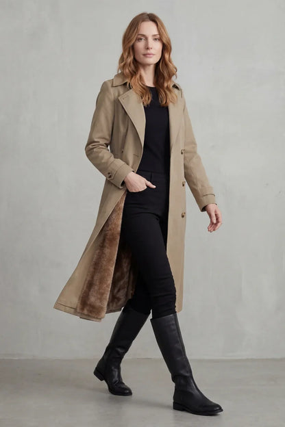 Cozy Trench Coat for Women with Notched Lapel Long Sleeve Double Breasted Faux Fur Lined Long Style