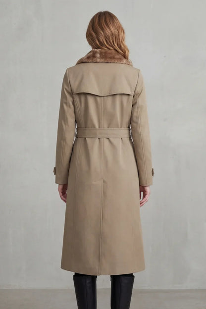 Cozy Trench Coat for Women with Notched Lapel Long Sleeve Double Breasted Faux Fur Lined Long Style