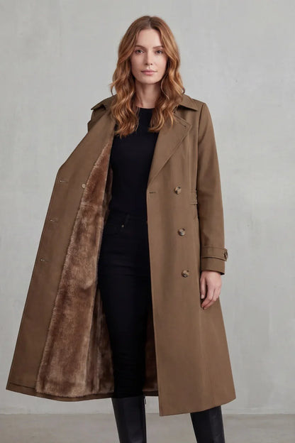 Cozy Trench Coat for Women with Notched Lapel Long Sleeve Double Breasted Faux Fur Lined Long Style