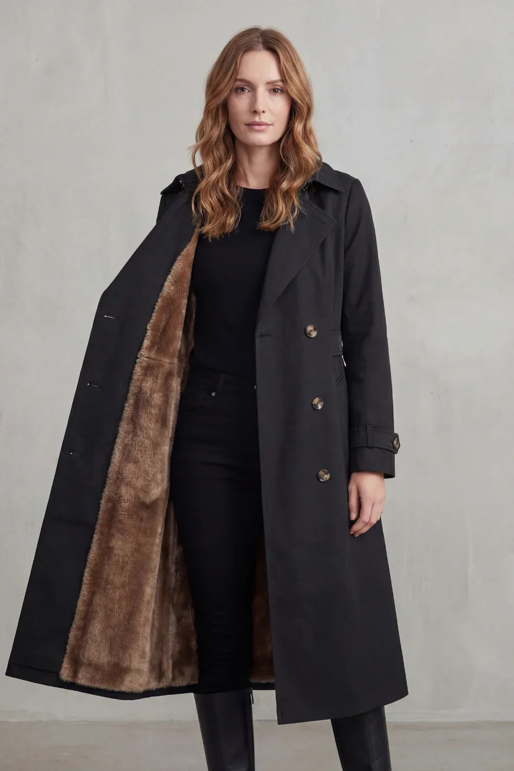 Cozy Trench Coat for Women with Notched Lapel Long Sleeve Double Breasted Faux Fur Lined Long Style