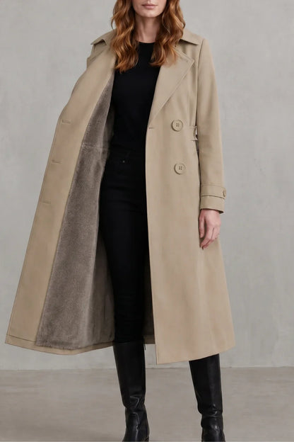 Cozy Trench Coat for Women with Notched Lapel Long Sleeve Double Breasted Faux Fur Lined Long Style