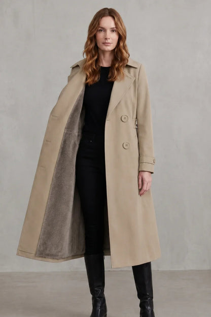 Cozy Trench Coat for Women with Notched Lapel Long Sleeve Double Breasted Faux Fur Lined Long Style