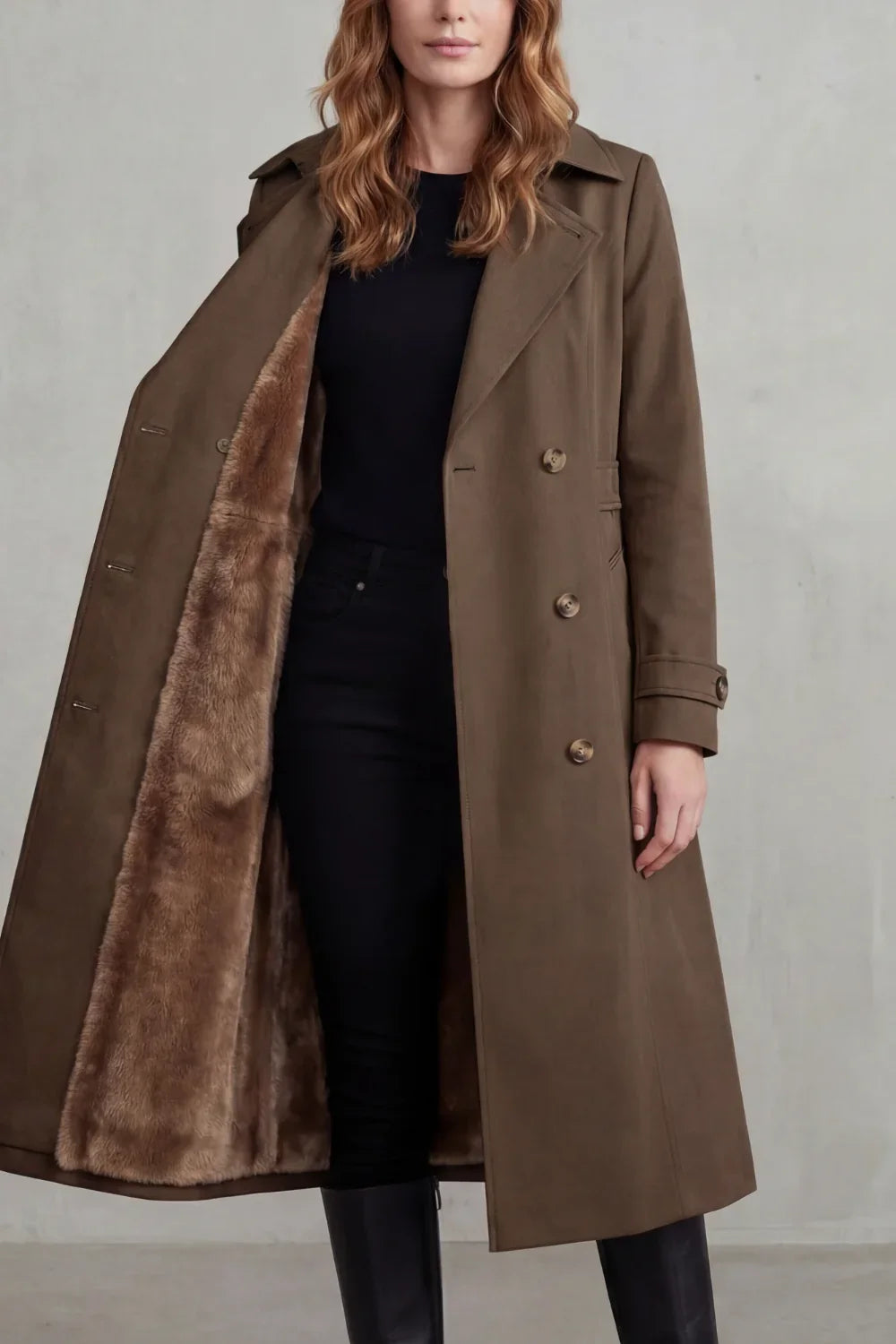 Cozy Trench Coat for Women with Notched Lapel Long Sleeve Double Breasted Faux Fur Lined Long Style