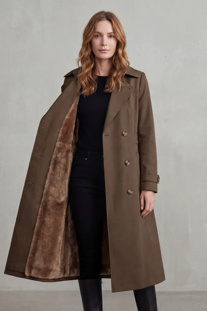 Cozy Trench Coat for Women with Notched Lapel Long Sleeve Double Breasted Faux Fur Lined Long Style