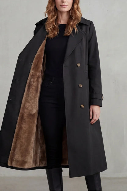 Cozy Trench Coat for Women with Notched Lapel Long Sleeve Double Breasted Faux Fur Lined Long Style