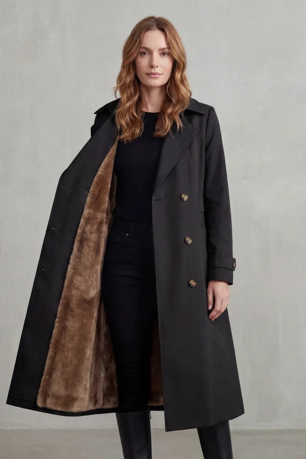 Cozy Trench Coat for Women with Notched Lapel Long Sleeve Double Breasted Faux Fur Lined Long Style