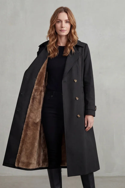 Cozy Trench Coat for Women with Notched Lapel Long Sleeve Double Breasted Faux Fur Lined Long Style
