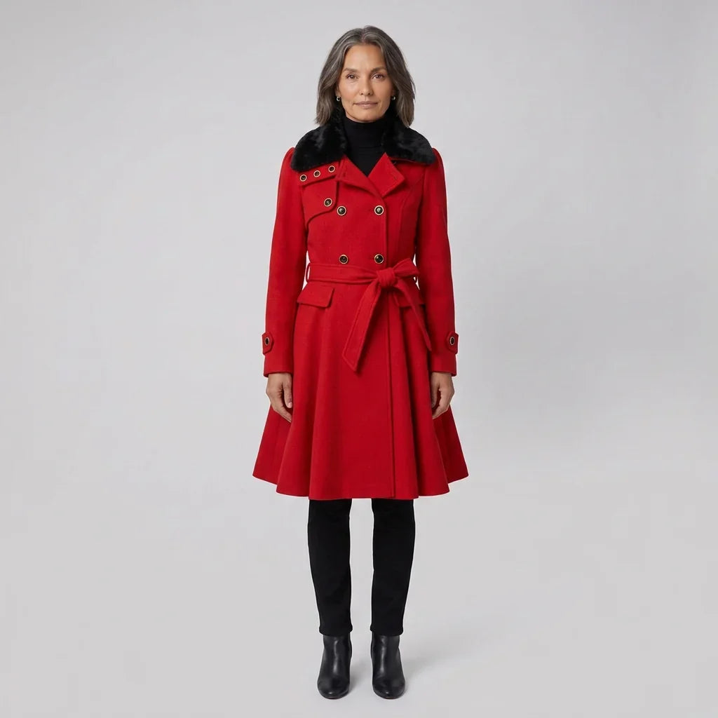 Elegant Trench Coat for Women with Faux Fur Collar Long Sleeve Double Breasted Belted Fit and Flare Style