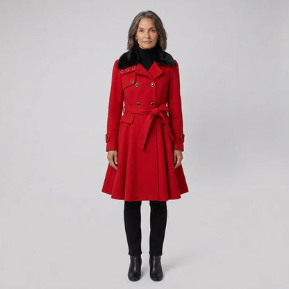 Elegant Trench Coat for Women with Faux Fur Collar Long Sleeve Double Breasted Belted Fit and Flare Style