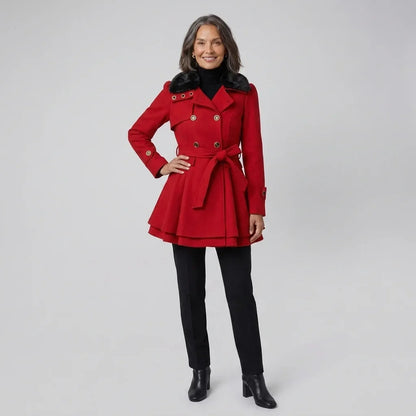 Elegant Trench Coat for Women with Faux Fur Collar Long Sleeve Double Breasted Belted Fit and Flare Style