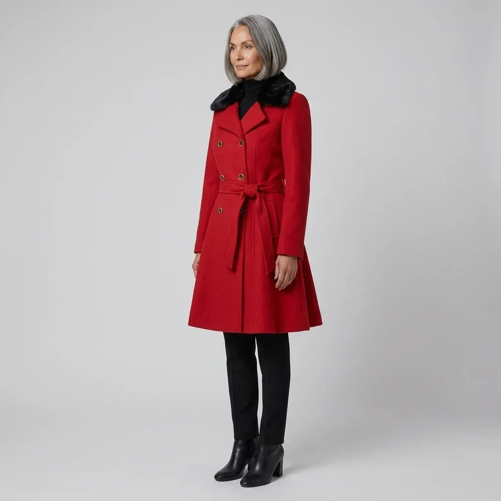 Elegant Trench Coat for Women with Faux Fur Collar Long Sleeve Double Breasted Belted Fit and Flare Style
