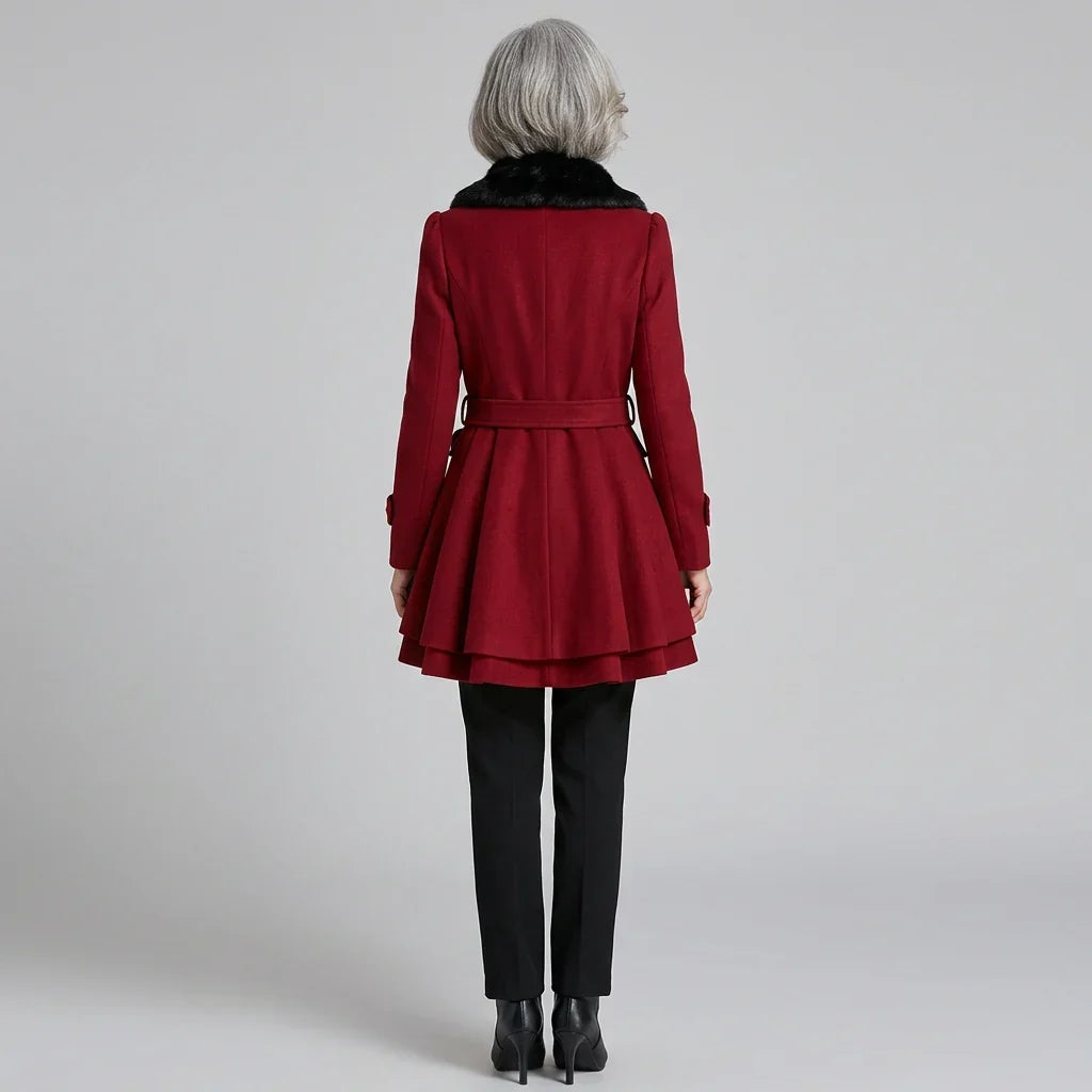 Elegant Trench Coat for Women with Faux Fur Collar Long Sleeve Double Breasted Belted Fit and Flare Style