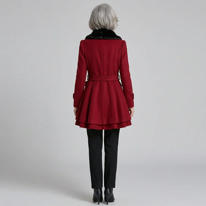 Elegant Trench Coat for Women with Faux Fur Collar Long Sleeve Double Breasted Belted Fit and Flare Style
