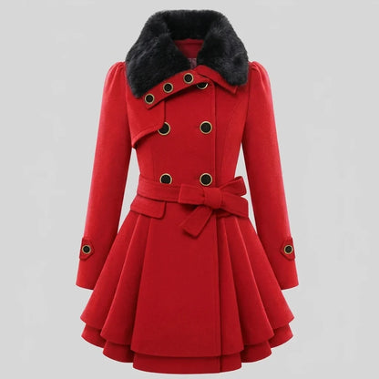 Elegant Trench Coat for Women with Faux Fur Collar Long Sleeve Double Breasted Belted Fit and Flare Style
