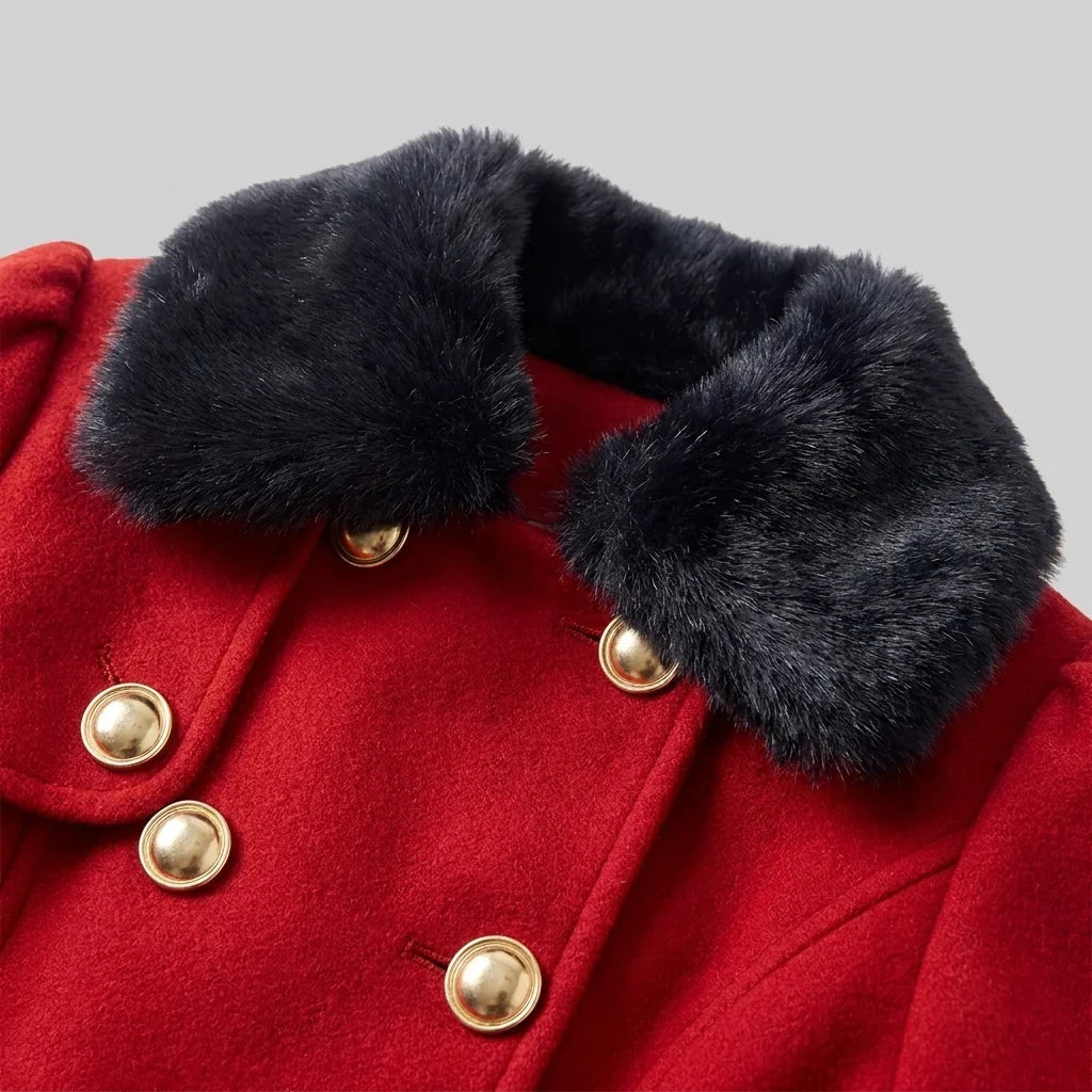 Elegant Trench Coat for Women with Faux Fur Collar Long Sleeve Double Breasted Belted Fit and Flare Style