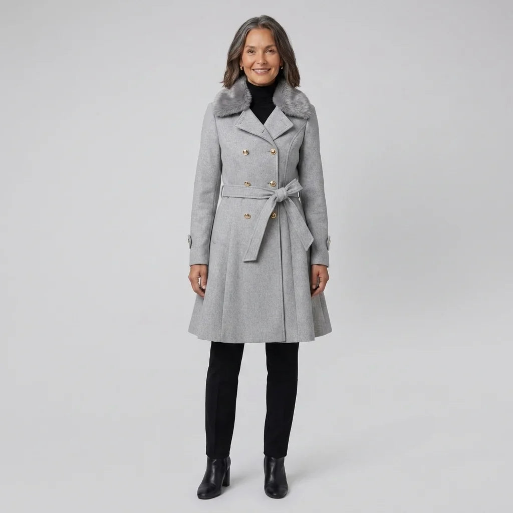 Elegant Trench Coat for Women with Faux Fur Collar Long Sleeve Double Breasted Belted Fit and Flare Style