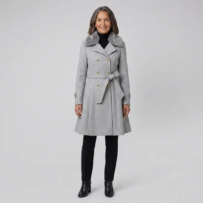 Elegant Trench Coat for Women with Faux Fur Collar Long Sleeve Double Breasted Belted Fit and Flare Style