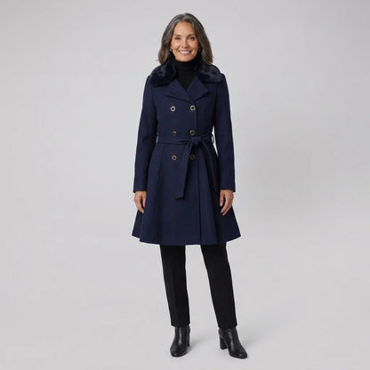 Elegant Trench Coat for Women with Faux Fur Collar Long Sleeve Double Breasted Belted Fit and Flare Style