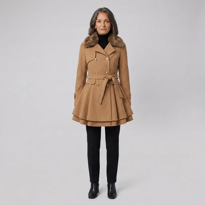 Elegant Trench Coat for Women with Faux Fur Collar Long Sleeve Double Breasted Belted Fit and Flare Style