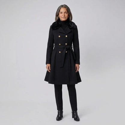 Elegant Trench Coat for Women with Faux Fur Collar Long Sleeve Double Breasted Belted Fit and Flare Style
