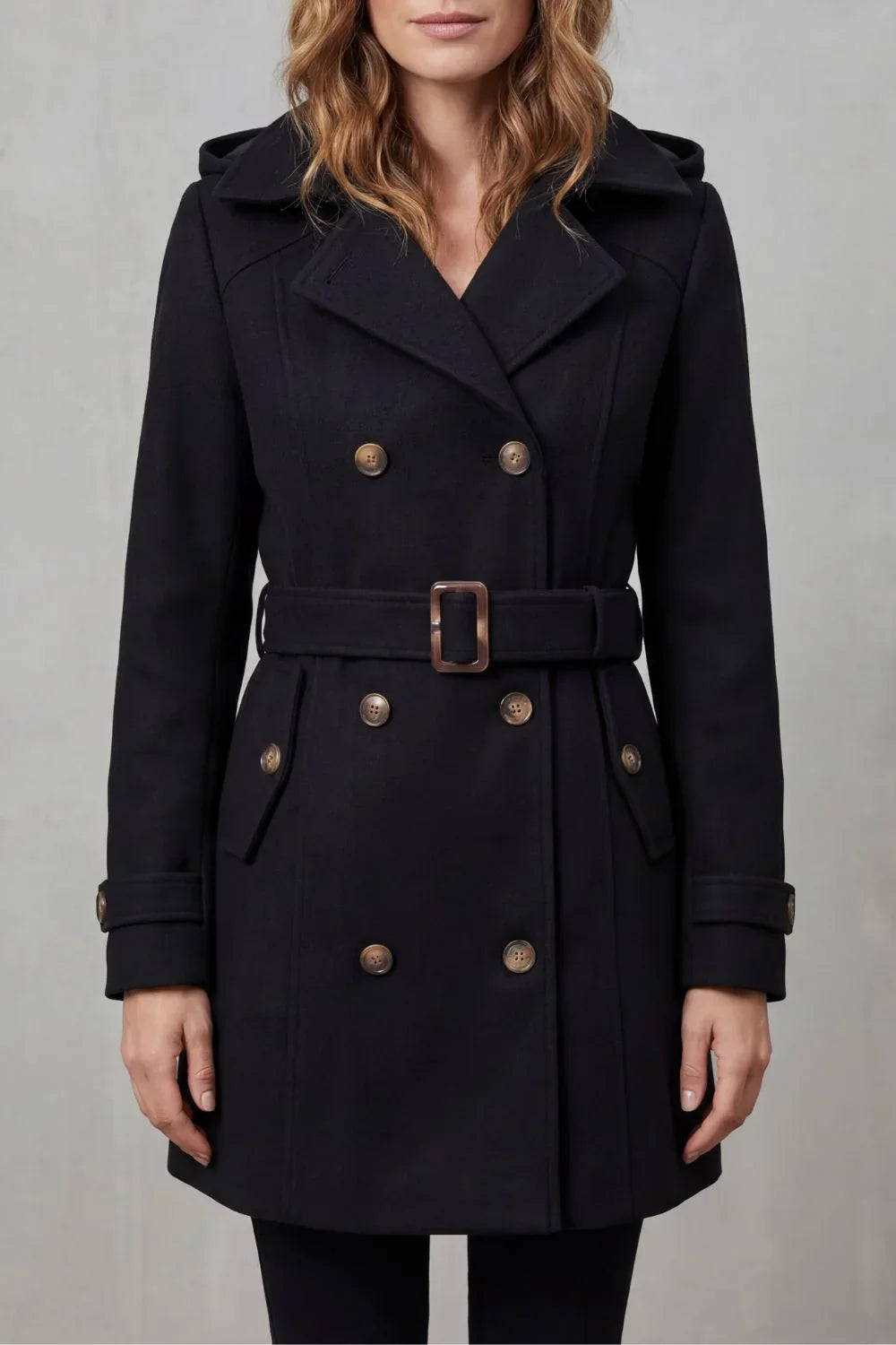 Cozy Trench Coat for Women with Hooded Collar Long Sleeve Double Breasted Belted Style