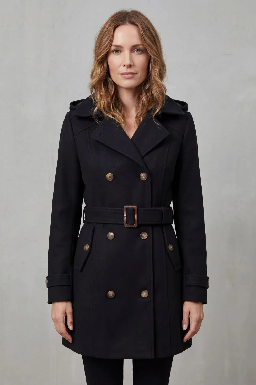Cozy Trench Coat for Women with Hooded Collar Long Sleeve Double Breasted Belted Style