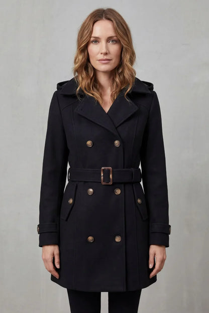 Cozy Trench Coat for Women with Hooded Collar Long Sleeve Double Breasted Belted Style