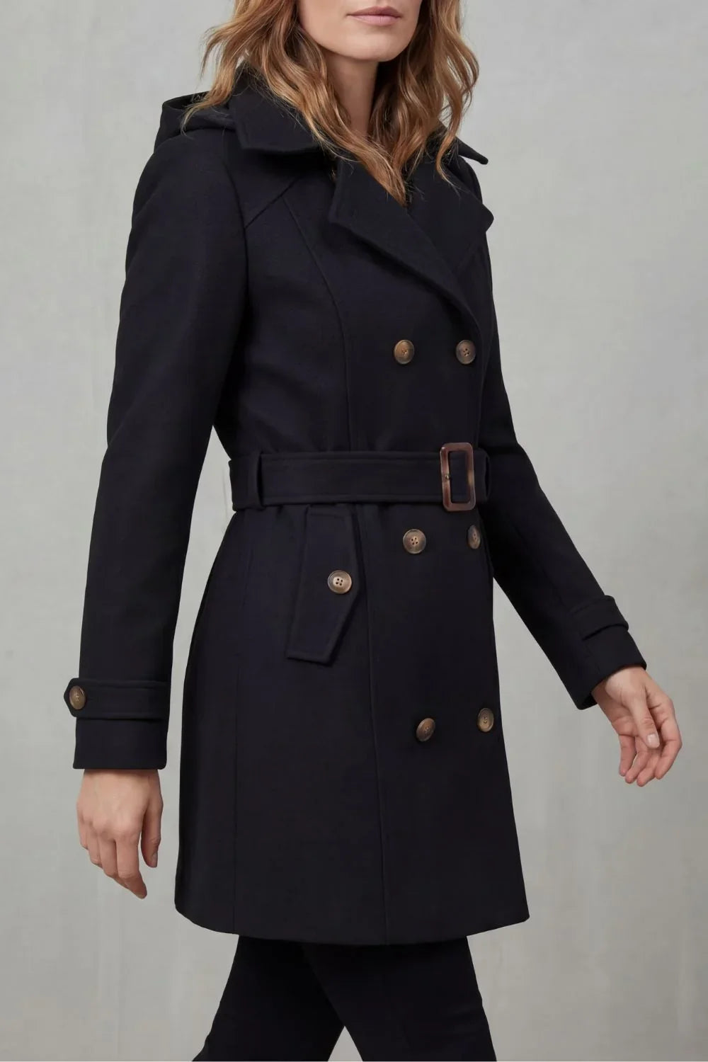 Cozy Trench Coat for Women with Hooded Collar Long Sleeve Double Breasted Belted Style