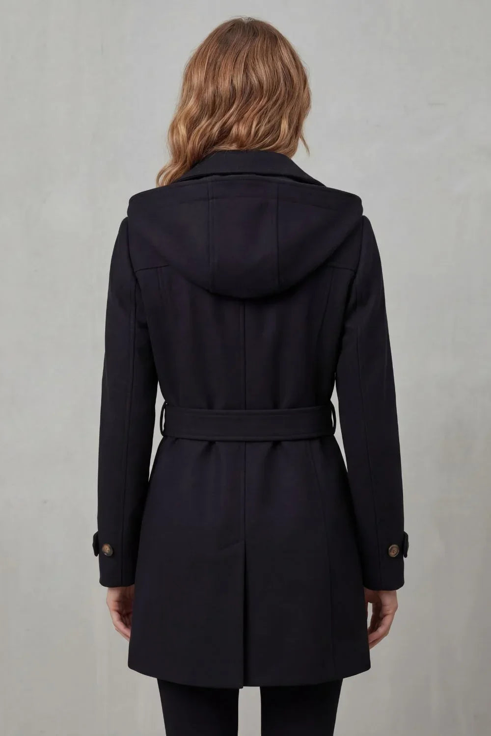 Cozy Trench Coat for Women with Hooded Collar Long Sleeve Double Breasted Belted Style