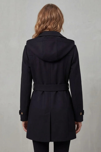 Cozy Trench Coat for Women with Hooded Collar Long Sleeve Double Breasted Belted Style