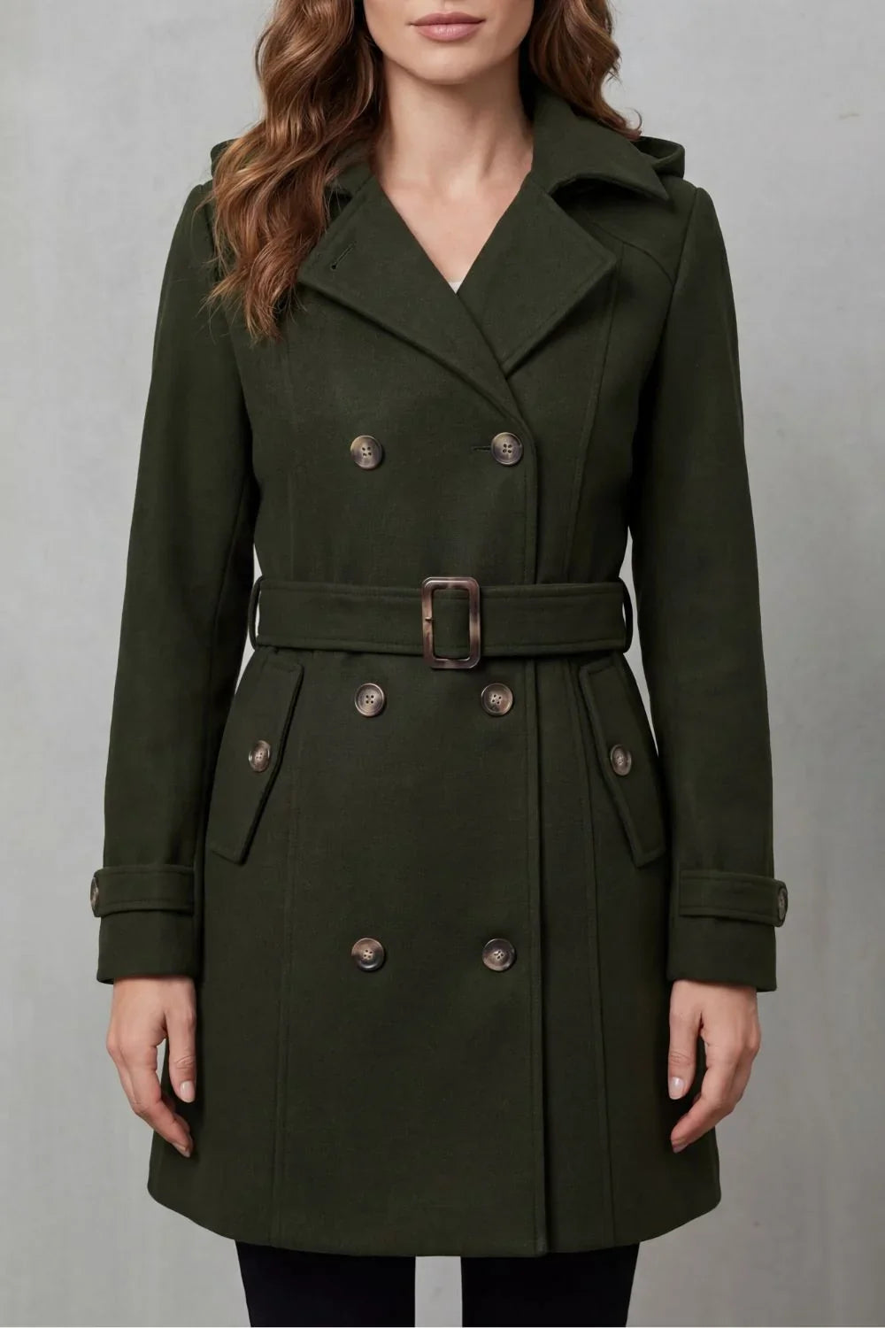 Cozy Trench Coat for Women with Hooded Collar Long Sleeve Double Breasted Belted Style