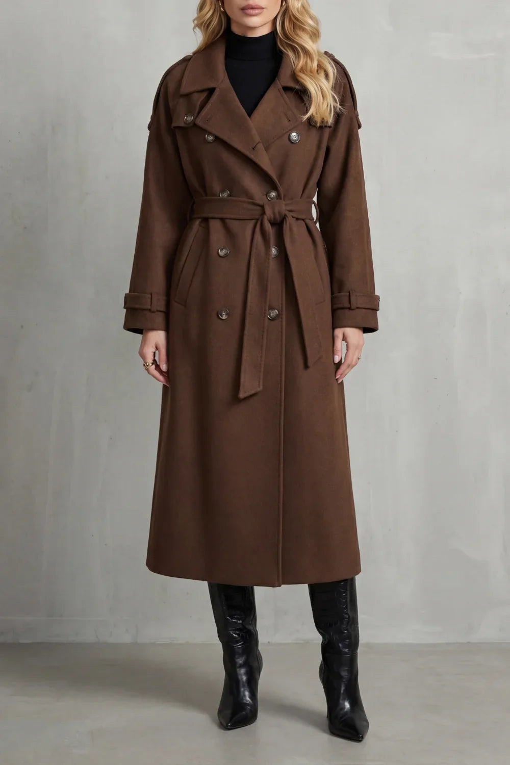 Effortless Brown Trench Coat for Women with Notched Lapel Long Sleeve Double Breasted Oversized Style