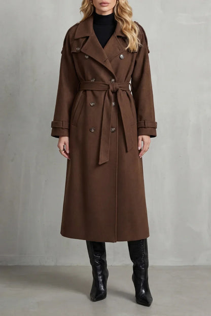 Effortless Brown Trench Coat for Women with Notched Lapel Long Sleeve Double Breasted Oversized Style