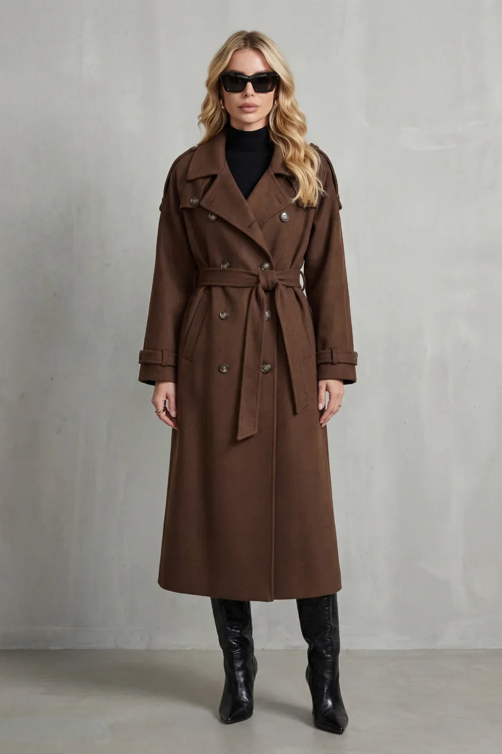 Effortless Brown Trench Coat for Women with Notched Lapel Long Sleeve Double Breasted Oversized Style