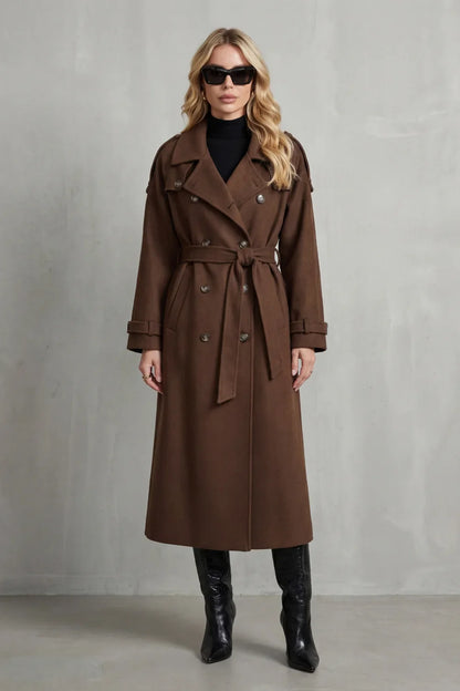 Effortless Brown Trench Coat for Women with Notched Lapel Long Sleeve Double Breasted Oversized Style
