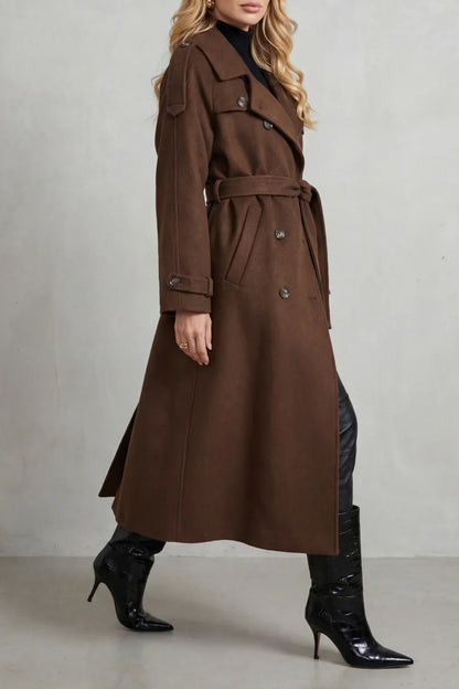 Effortless Brown Trench Coat for Women with Notched Lapel Long Sleeve Double Breasted Oversized Style