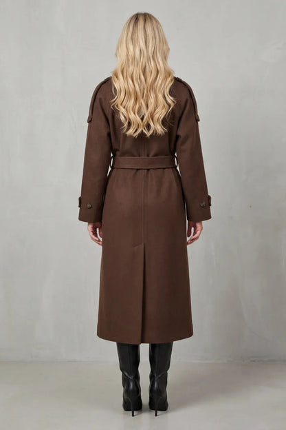 Effortless Brown Trench Coat for Women with Notched Lapel Long Sleeve Double Breasted Oversized Style