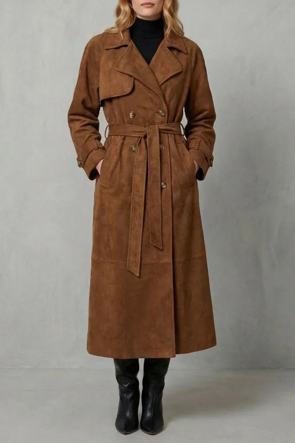 Cozy Brown Suede Trench Coat for Women with Notched Lapel Long Sleeve Double Breasted Belted Style