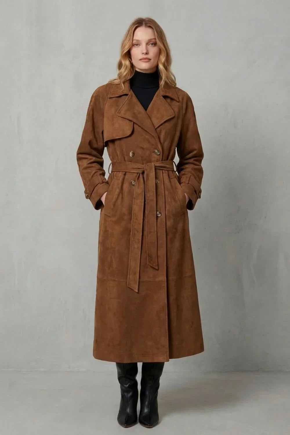 Cozy Brown Suede Trench Coat for Women with Notched Lapel Long Sleeve Double Breasted Belted Style