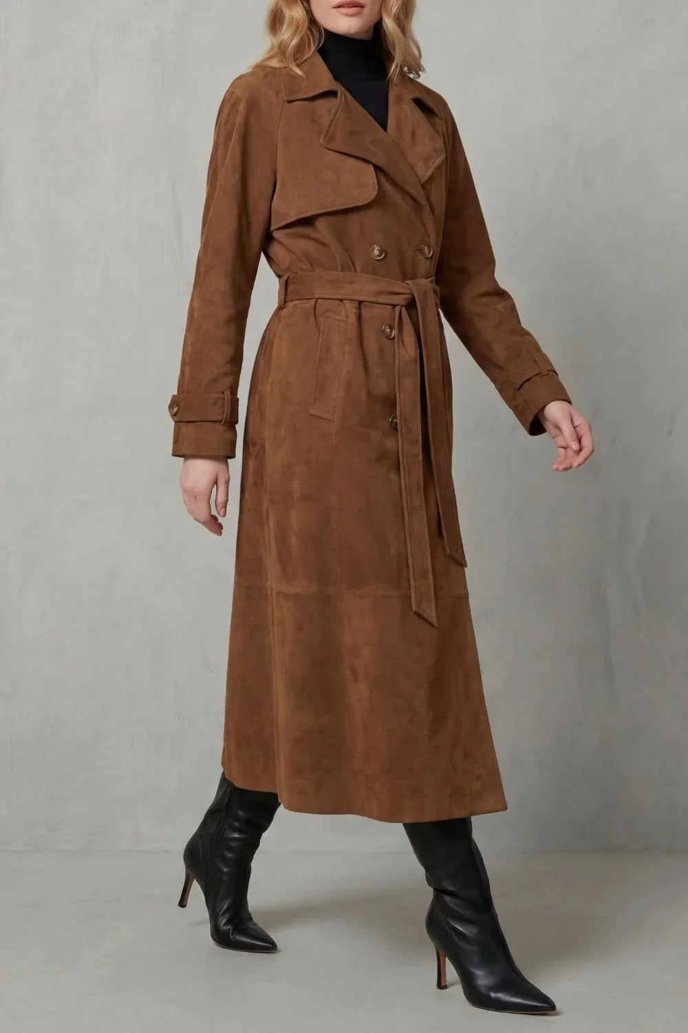 Cozy Brown Suede Trench Coat for Women with Notched Lapel Long Sleeve Double Breasted Belted Style