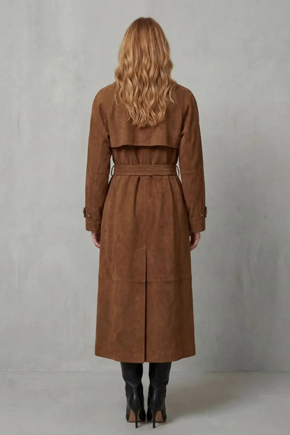 Cozy Brown Suede Trench Coat for Women with Notched Lapel Long Sleeve Double Breasted Belted Style
