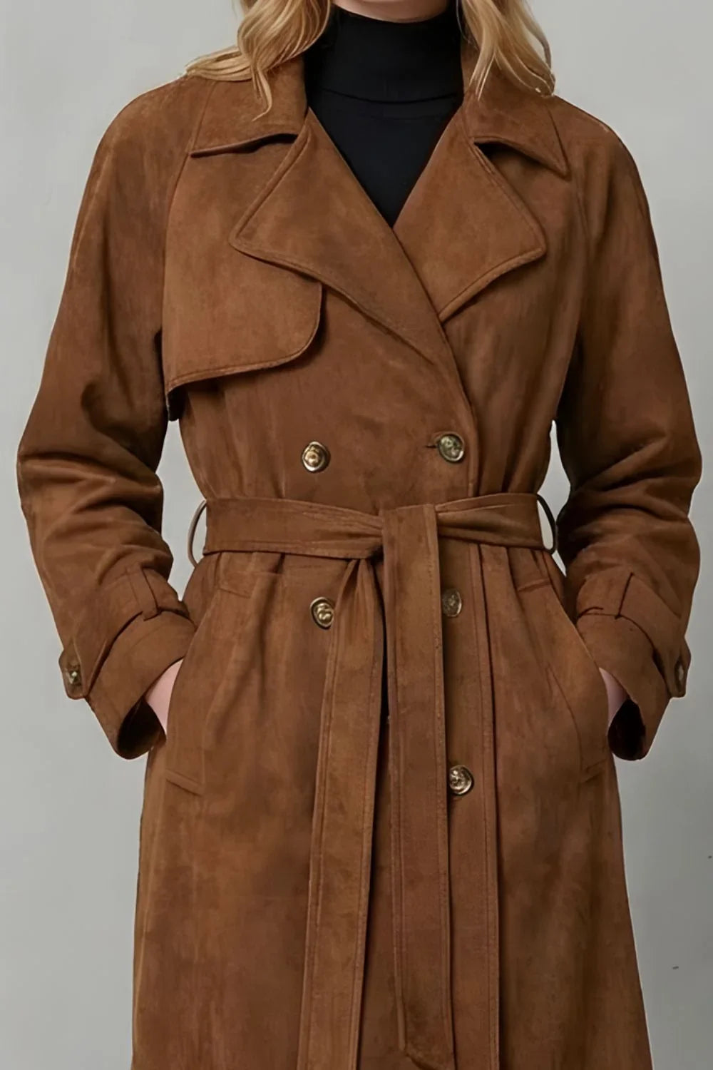 Cozy Brown Suede Trench Coat for Women with Notched Lapel Long Sleeve Double Breasted Belted Style